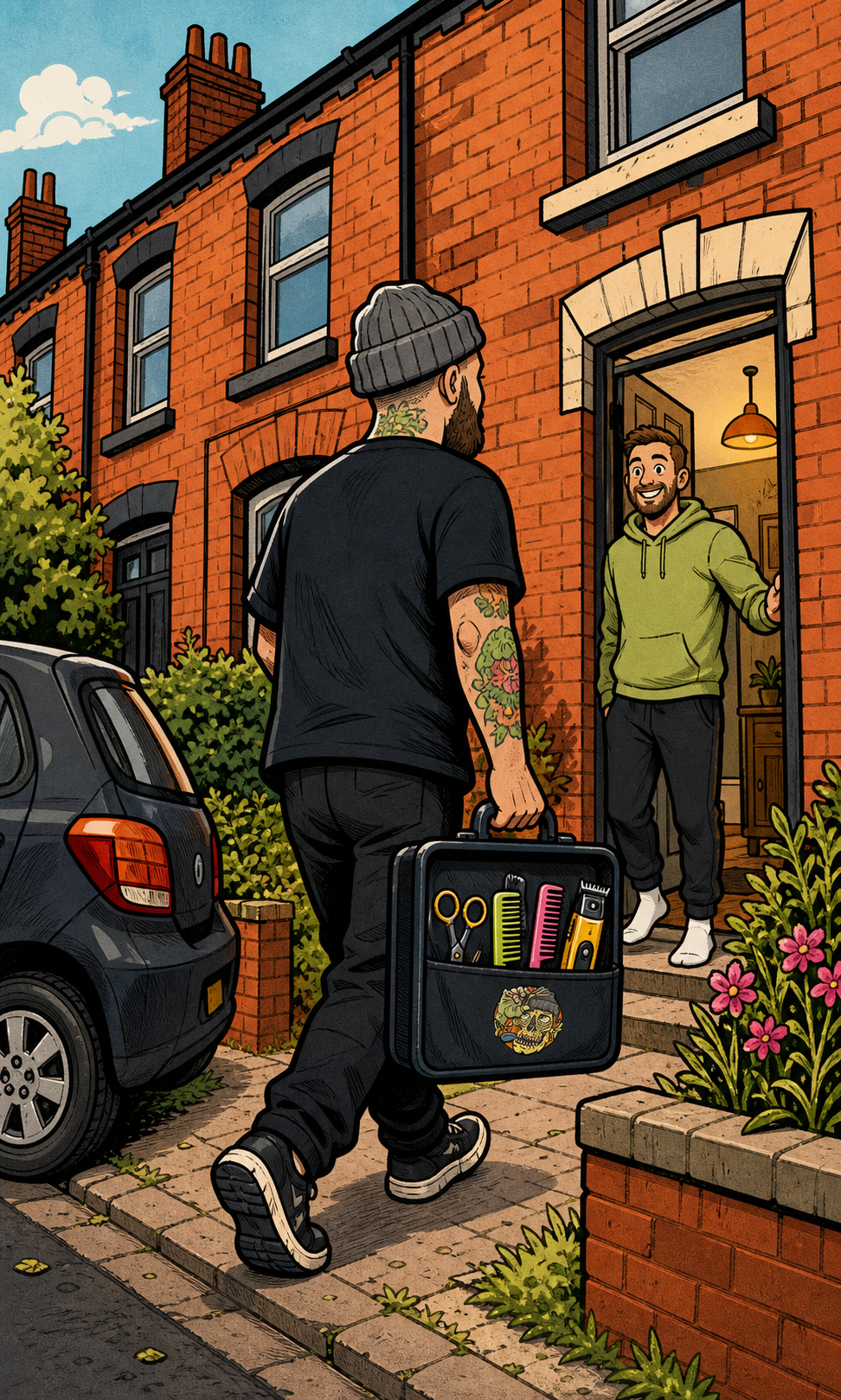 Rich arriving at a customer's home with his mobile barber kit